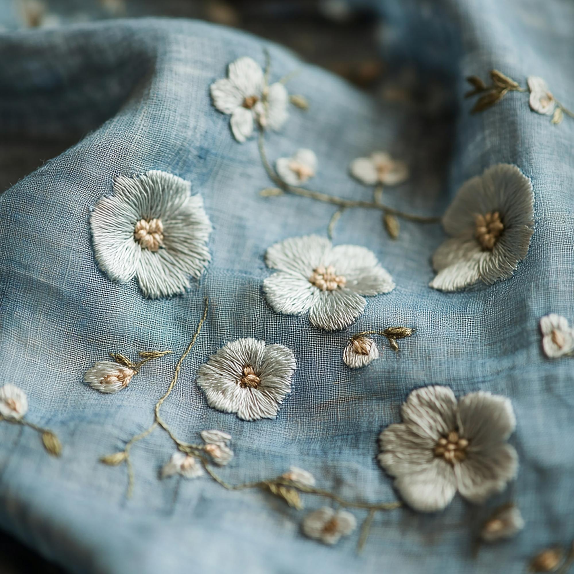 Close-up of handcrafted embroidered floral motif on linen